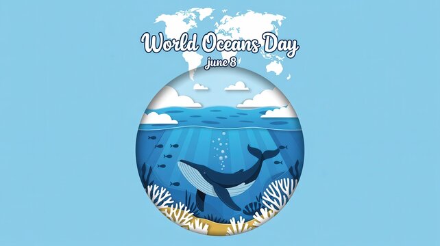 World Oceans Day illustration with whale swimming in the ocean within a circular frame and world map