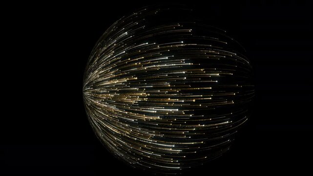 Abstract golden light particles exploding in a spherical motion on a black background. Ideal for global network, big data, energy burst, and luxury tech concepts with copy space.