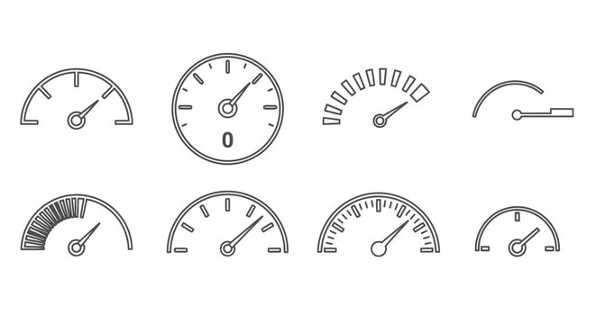 Set of speedometer icons, speed dial, gauge, dashboard elements, vector illustration
