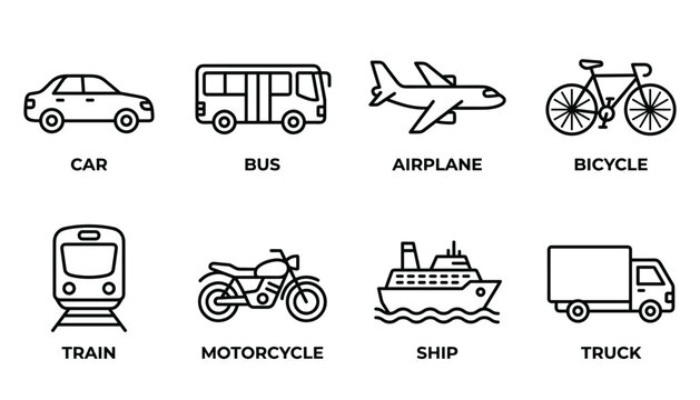 Simple vector icons of transportation modes car bus airplane bicycle train motorcycle ship truck.
