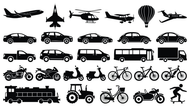 Black silhouette vector icons of various vehicles airplane helicopter hot air balloon car bus train bike.