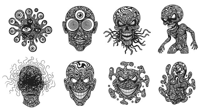Abstract Monstrous Faces Collection: Scary, Surreal, and Psychedelic Illustrations