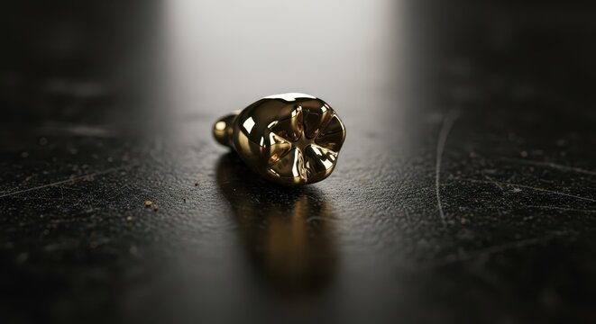Single gold tooth rests on a textured dark surface.
