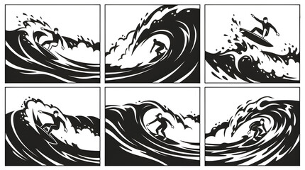 Fototapeta premium Surfer Riding Giant Ocean Waves Black and White Silhouette Set of Dynamic Wave Illustrations