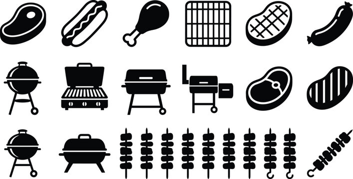 BBQ and Grilling Icon Set Featuring Meat Cuts, Grills, Skewers, and Grilling Tools for Food, Cooking, and Summer Party Designs