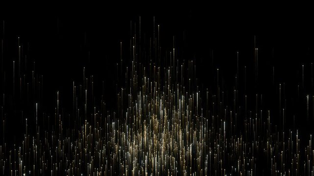 Stunning abstract golden light particles and glowing vertical lines rising upwards on a dark black background. Perfect for luxury, technology, data visualization, and celebratory concepts