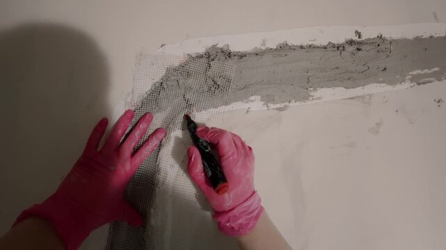 Applying plaster to wall crack with trowel