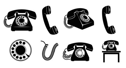 Vintage Rotary Phones Collection: Black Silhouettes of Retro Communication Devices © Wilujeng Graphic