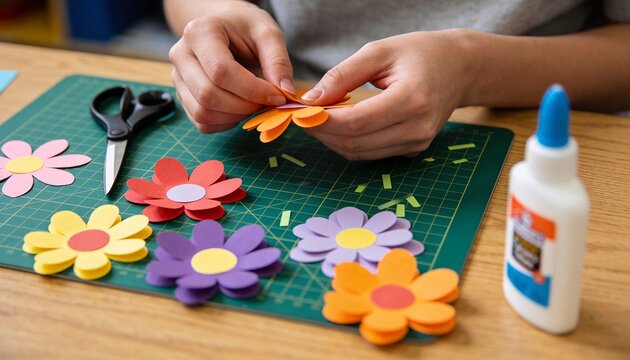 Hands of a child making colorful paper flowers on a green cutting mat.