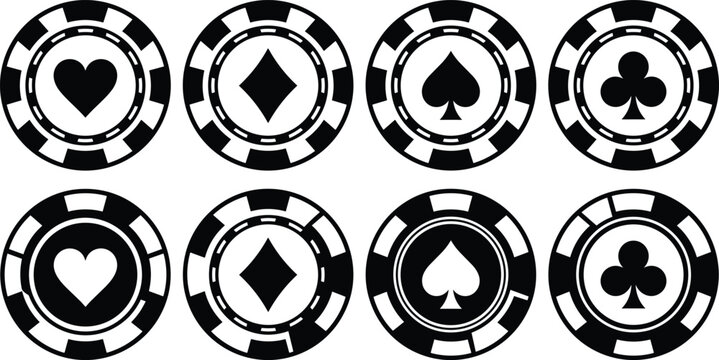Poker Chip Icon Set Featuring Heart, Diamond, Spade, and Club Symbols for Casino, Gaming, and Gambling Designs