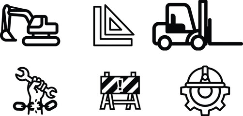 Black and white construction icons set including excavator forklift and safety gear © Saidurra12