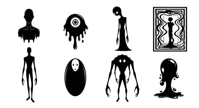 Spooky Silhouette Creatures Collection: Monsters, Aliens, Ghosts, and Abstract Figures