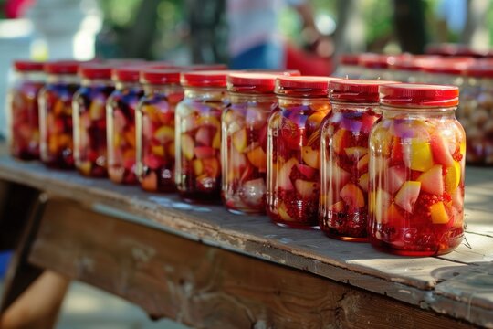 strawberry, peach, cherry, apple, plum, apricot, currant, raspberry, and lemon-ginger jam, sealed jars  
