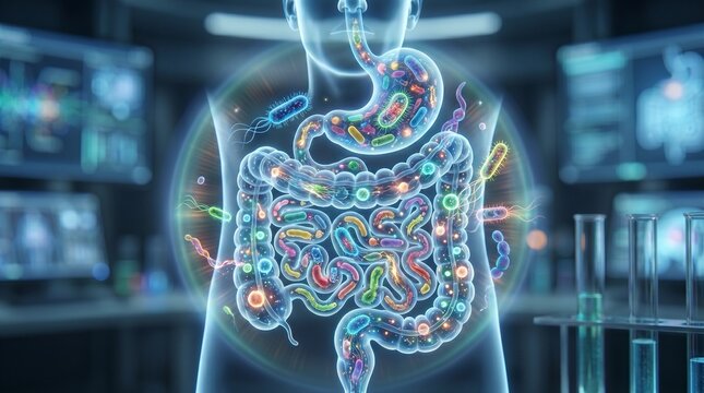 Human gut microbiome with glowing bacteria in digestive system, intestine and stomach, medical 3D illustration, gut health concept
