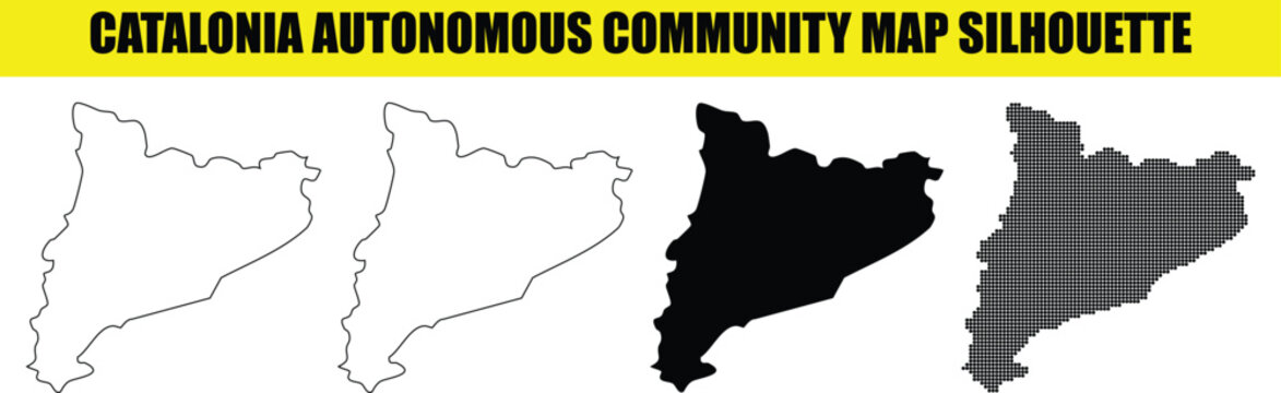 Catalonia autonomous community map silhouette with four variations solid black outline black and white and halftone black dots.