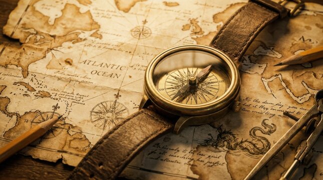 Vintage compass on an old world map with pencils and drafting tools