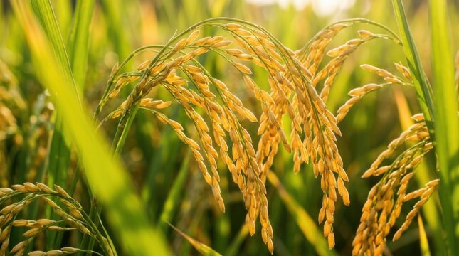 Paddy Field with Heavy Golden Rice Ears Ready for Harvest