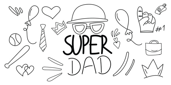 super dad doodle illustration, father day line art design, minimal black outline typography