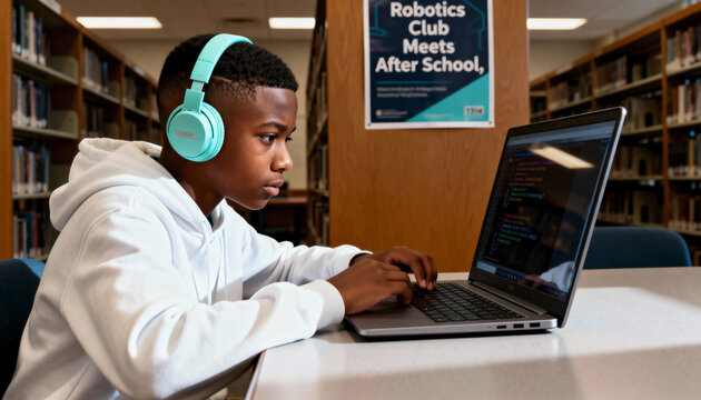 Focused African American boy coding on a laptop in a school library. Young student with headphones learning programming for a robotics club. STEM education and youth technology concept