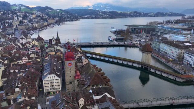 Lucerne, Switzerland Aerial View at Winter. Kapellbruecke und Wasserturm Luzern, Schweiz. Chapel Bridge and Water Tower.
