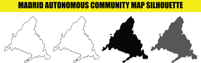 Madrid autonomous community map silhouette set including capital region of spain geographic borders in solid outline and dotted patterns high resolution vector art. © Md Asif Shahnaoaz