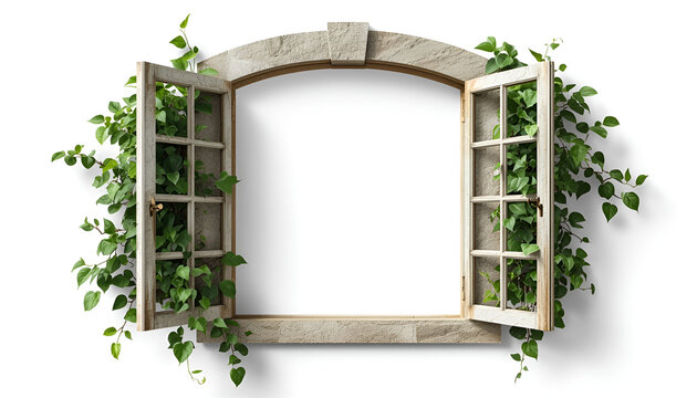 An old window with open shutters and green leaves on a white background