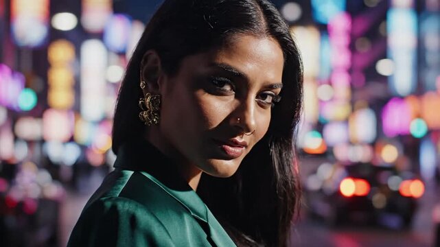 Woman with ornate earrings in a bustling city at night