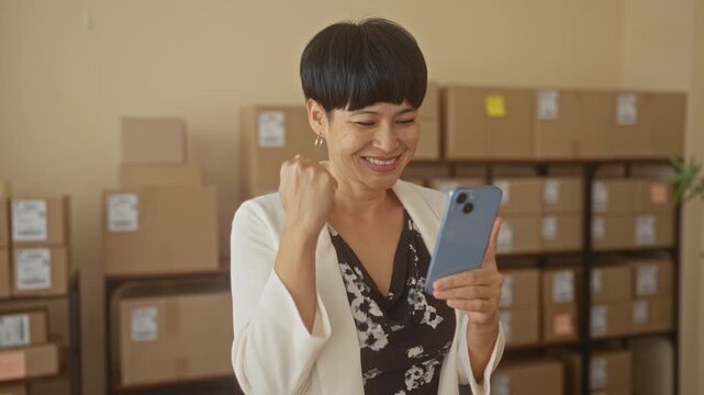 Woman holds smartphone and makes a fist pump amid packed cardboard boxes on shelves in storage building; small business celebration.