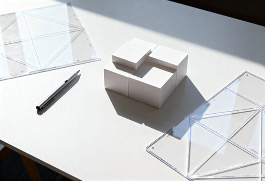 Minimalist architectural design concept with a paper block model on a white desk. Modern workspace with drafting tools for a creative project