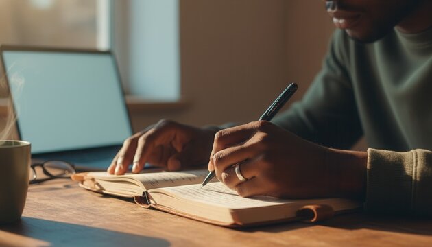 A Black man writing in a journal at a wooden desk with a laptop. Close-up of a student studying at home. Education and self-improvement concept