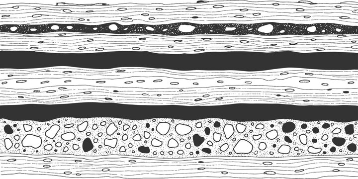 Geological earth layers cross section diagram with soil rock strata hand drawn line art background vector illustration.
