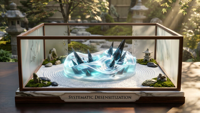 Miniature zen garden with glass case and blue water and stones in japanese style garden setting with stone lanterns