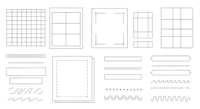 Hand-drawn grid layout elements, design templates, sketch lines, and frames