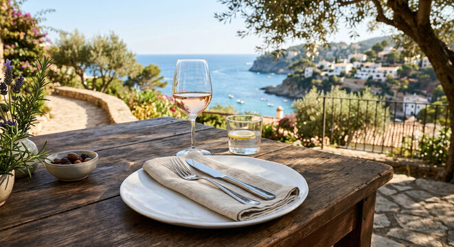 Summer table scene with seaside place setting on wooden summer table, place setting and ocean view