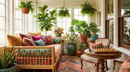 Fototapeta premium Bright modern maximalist sunroom with pattern-mixed cushions and overgrown plants. 