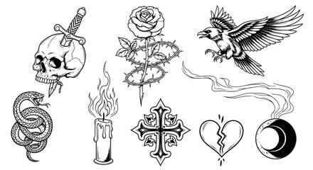 Obraz premium Gothic Tattoo Design Elements: Skull, Rose, Eagle, Snake, Candle, Cross, Heart
