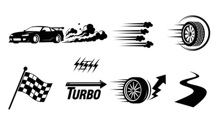 Obraz premium Speed and Racing Icons: Car, Tire, Flag, Turbo, Road