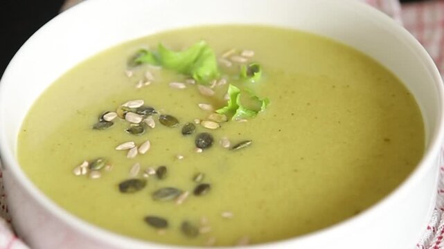 Gazpacho cucumber vegetable soup tasty course snack fresh gourmet food, background on the table, rustic food, top view copy space keto and paleo diet vegetarian and vegan food