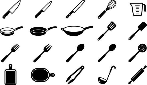 black silhouettes of various kitchen utensils and cookware on white background