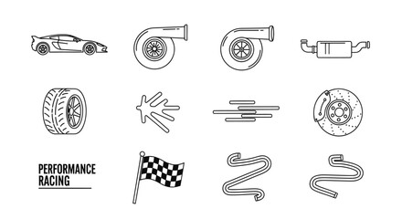 Car Performance Racing Icons: Turbo, Tire, Exhaust, Brake, Track, Flag © Wilujeng Graphic