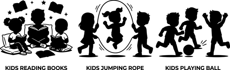 Silhouette of children engaging in various leisure activities like reading jumping rope and playing ball © Afia