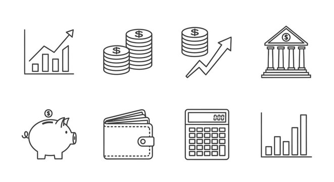 Financial Icons Set: Piggy Bank, Wallet, Calculator, Coins, Bank, Graphs