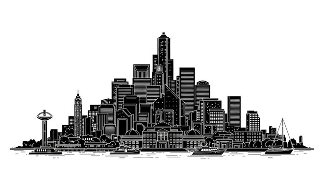 Seattle Skyline Silhouette with Space Needle ? Urban Cityscape Art