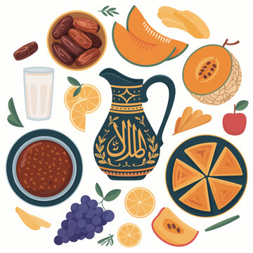 Traditional Middle Eastern iftar spread dates melon samosas Ramadan food vector illustration