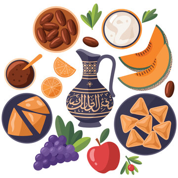 Traditional Middle Eastern iftar spread dates melon samosas Ramadan food vector illustration