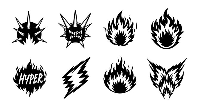 Fiery Icons: Flames, Spikes, Lightning Bolt, and "Hyper" Text