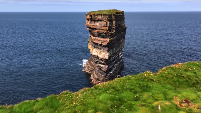 Downpatrick Head in Ireland at Sunny Day, Aerial Drone Shot. Stunning High Cliffs, Dun Briste Irish Coastal Landmark.