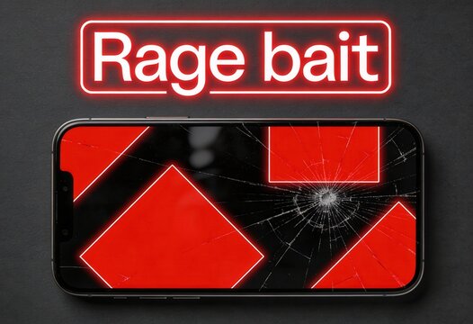 Rage bait concept with a cracked smartphone screen. Broken mobile phone on a dark background with neon sign. Social media manipulation and digital toxicity concept. Flat lay composition