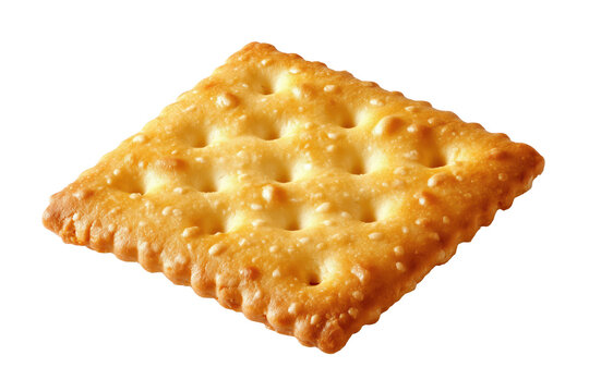 Single golden brown cracker biscuit positioned slightly angled isolated on transparent background