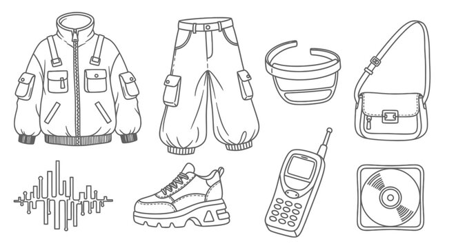 Retro 90s Fashion & Tech Icons: Jacket, Cargo Pants, Bag, Phone, CD